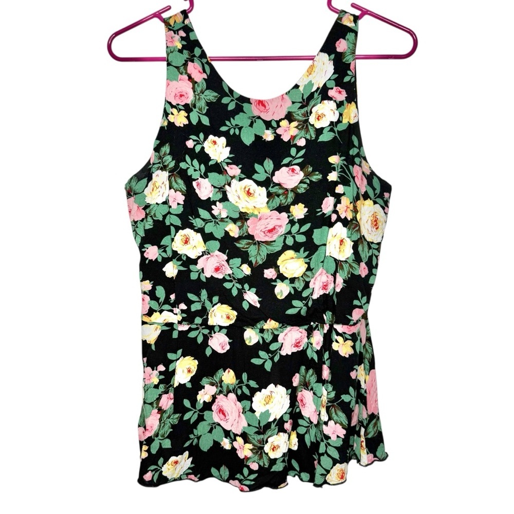 Tea n Rose Black and Floral Rose Print Sleeveless Peplum Tank Top